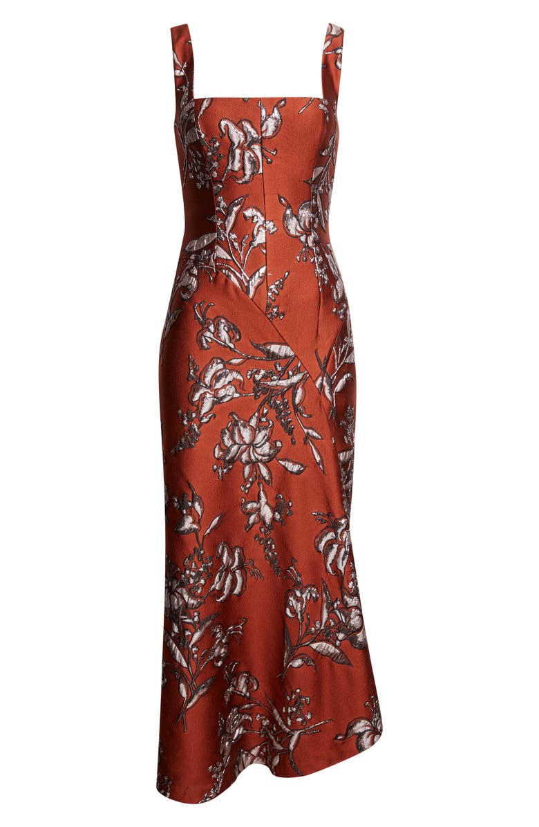 Lela Rose Metallic Floral Brocade Gown, Alternate, color, Brick