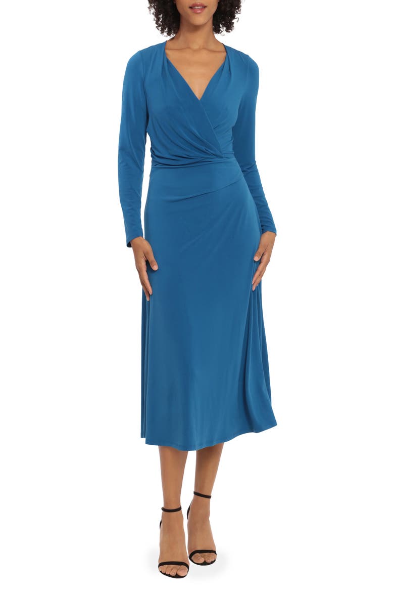 Wrap Front Long Sleeve Midi Dress, Main, color, CLASSIC BLUE