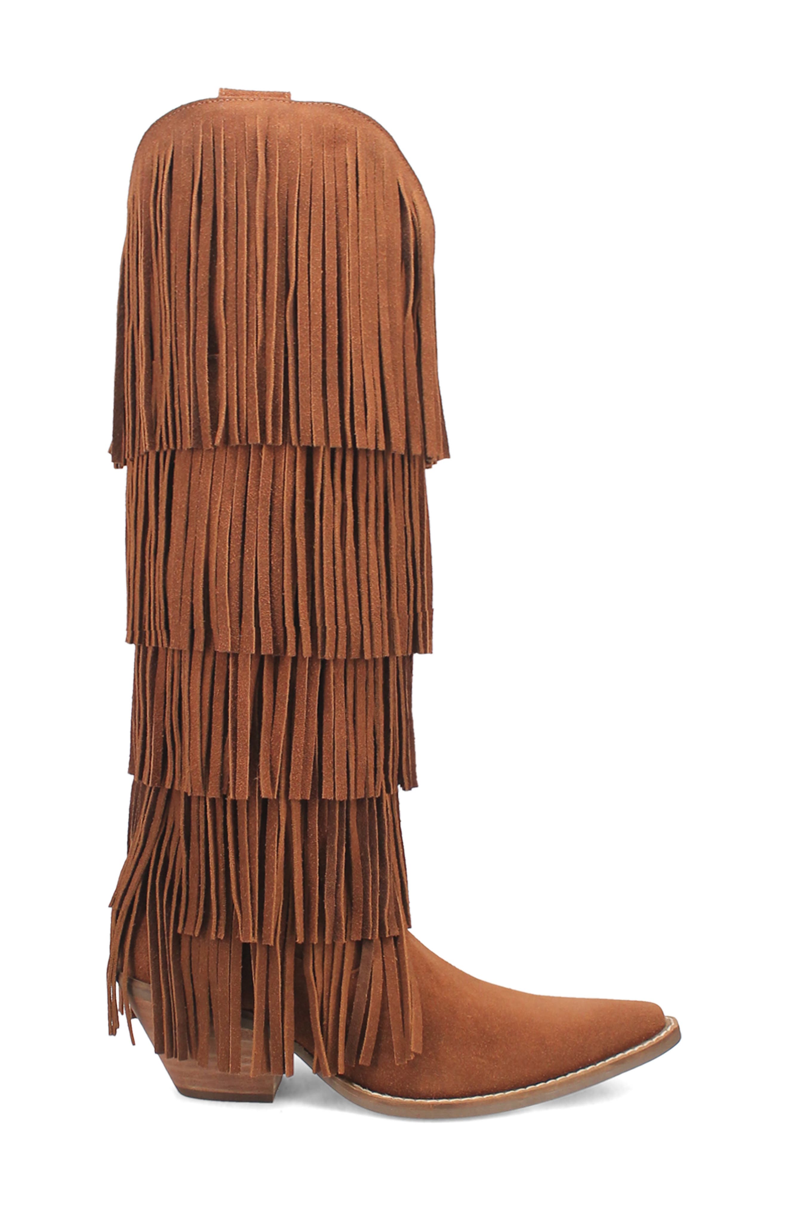 Dingo Wild Child Fringe Knee High Western Boot, Alternate, color, Brown