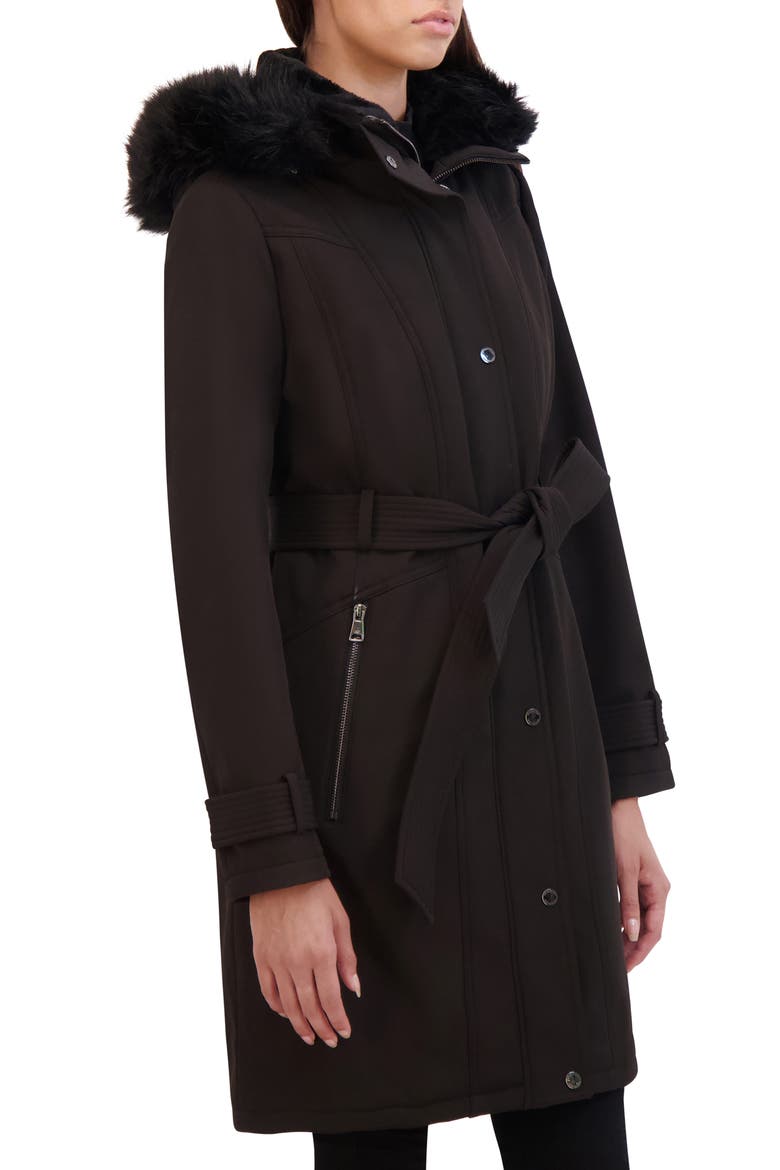 Belted Faux Fur Trim Hooded Coat, Alternate, color, BLACK