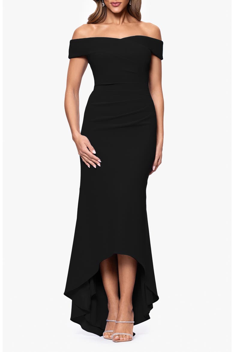 Off the Shoulder High-Low Scuba Crepe Gown, Main, color, BLACK