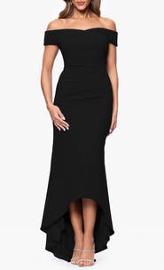 Xscape Evenings Off the Shoulder High-Low Scuba Crepe Gown