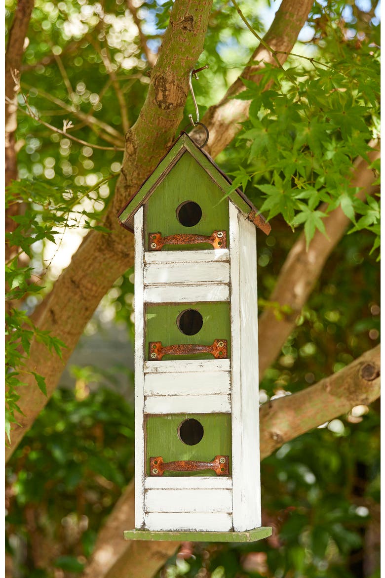 18"H Solid Wood Cottage with Shutter Texture Decorative Outdoor Garden Birdhouse, Alternate, color, Green