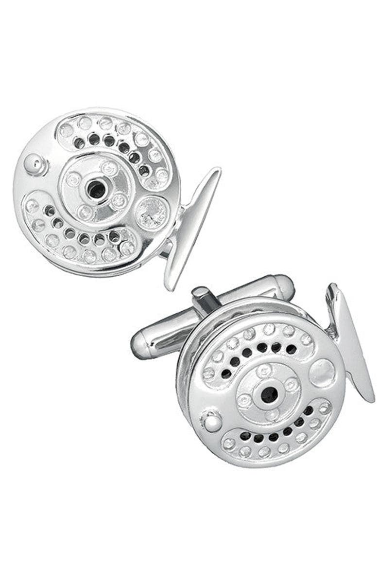 Fly Fishing Reel Cufflinks, Main, color, Silver