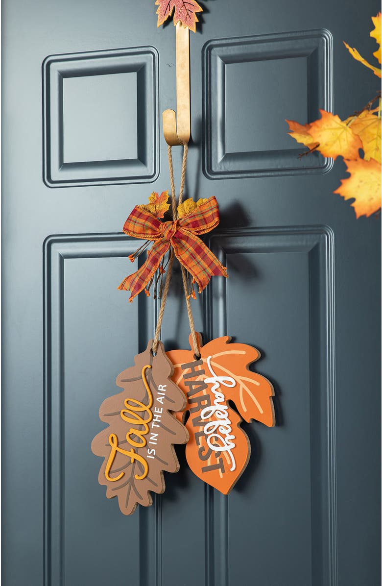 Glitzhome Fall Wooden Maple Leaves with Bowknot Door Hanger, Alternate, color, Orange