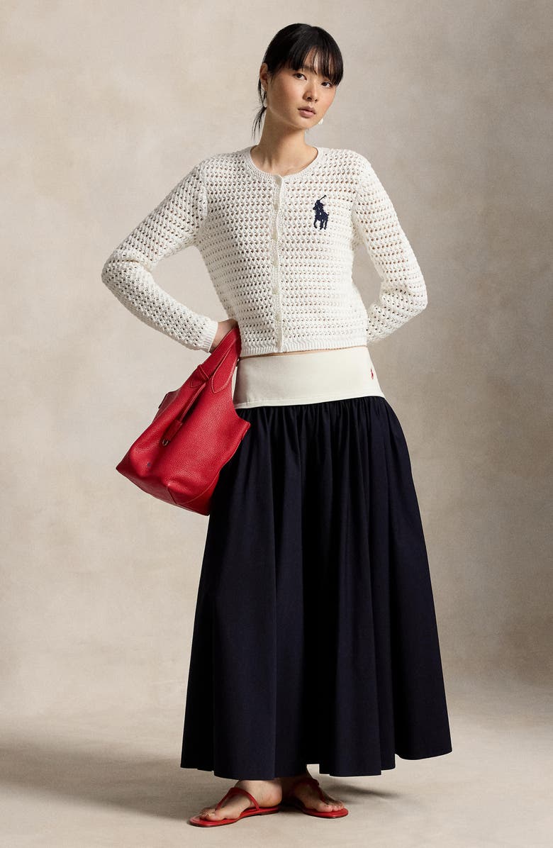 Polo Ralph Lauren Big Pony Button-Up Cotton Crochet Crop Cardigan, Alternate, color, White