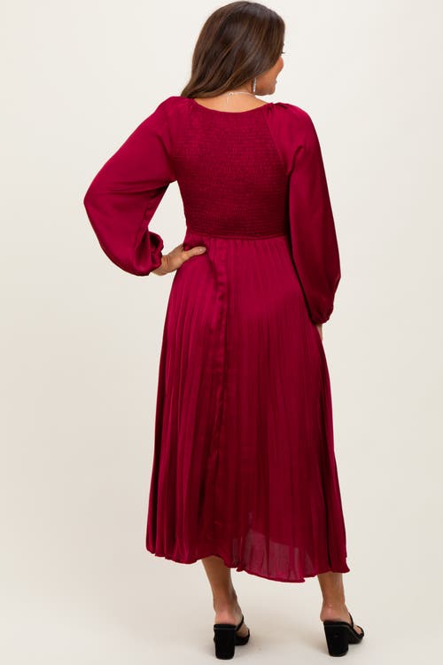 Pinkblush Satin Smocked Pleated Midi Dress In Burgundy