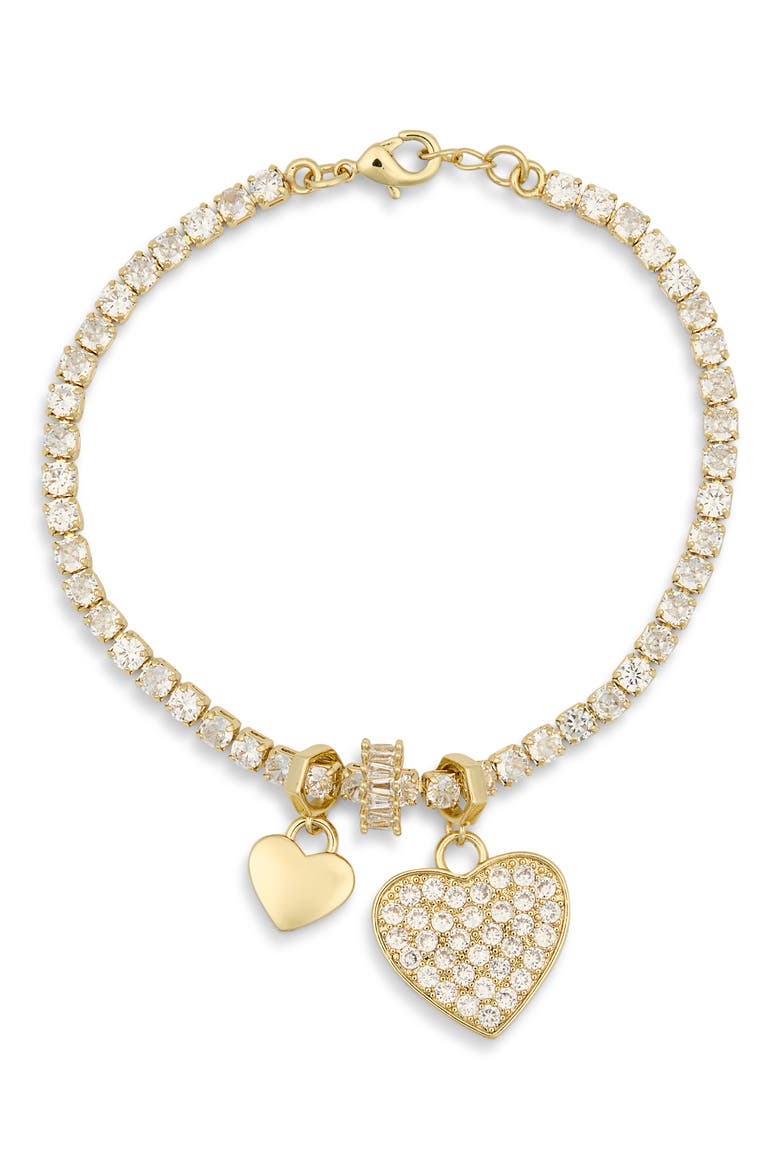 Cubic Zirconia Heart & Rondelle Charm Tennis Bracelet, Alternate, color, CLEAR- GOLD