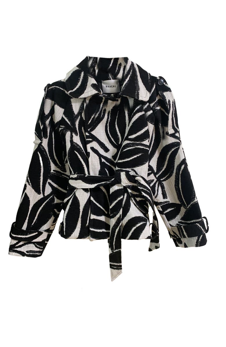 BAACAL Marlo Short Moto Trench Coat, Alternate, color, Black White Leaves