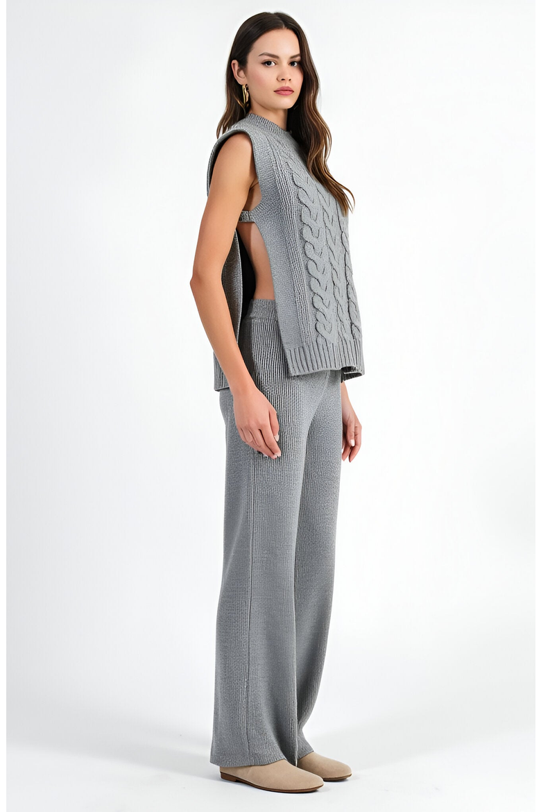 Cable Knit Cap Sleeve Sweater Vest and Wide Leg Pants Set, Alternate, color, Grey