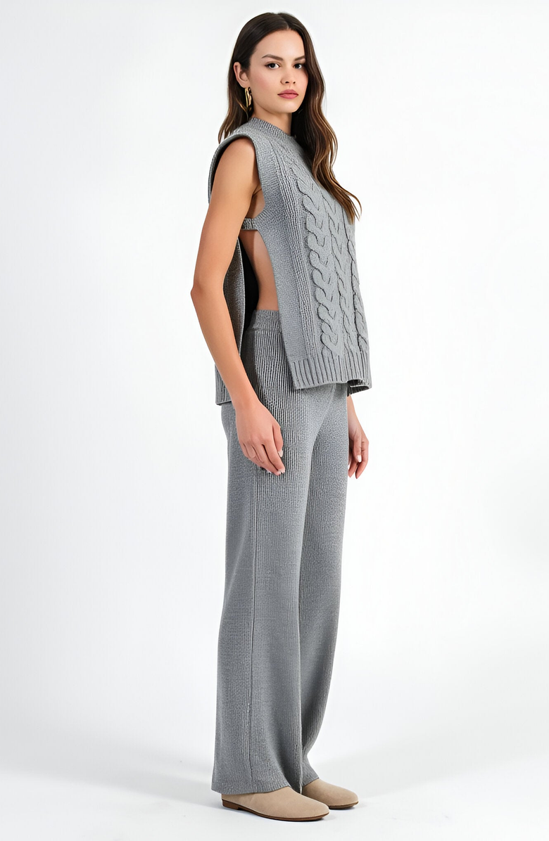 Modenaire Cable Knit Cap Sleeve Sweater Vest and Wide Leg Pants Set, Alternate, color, Grey