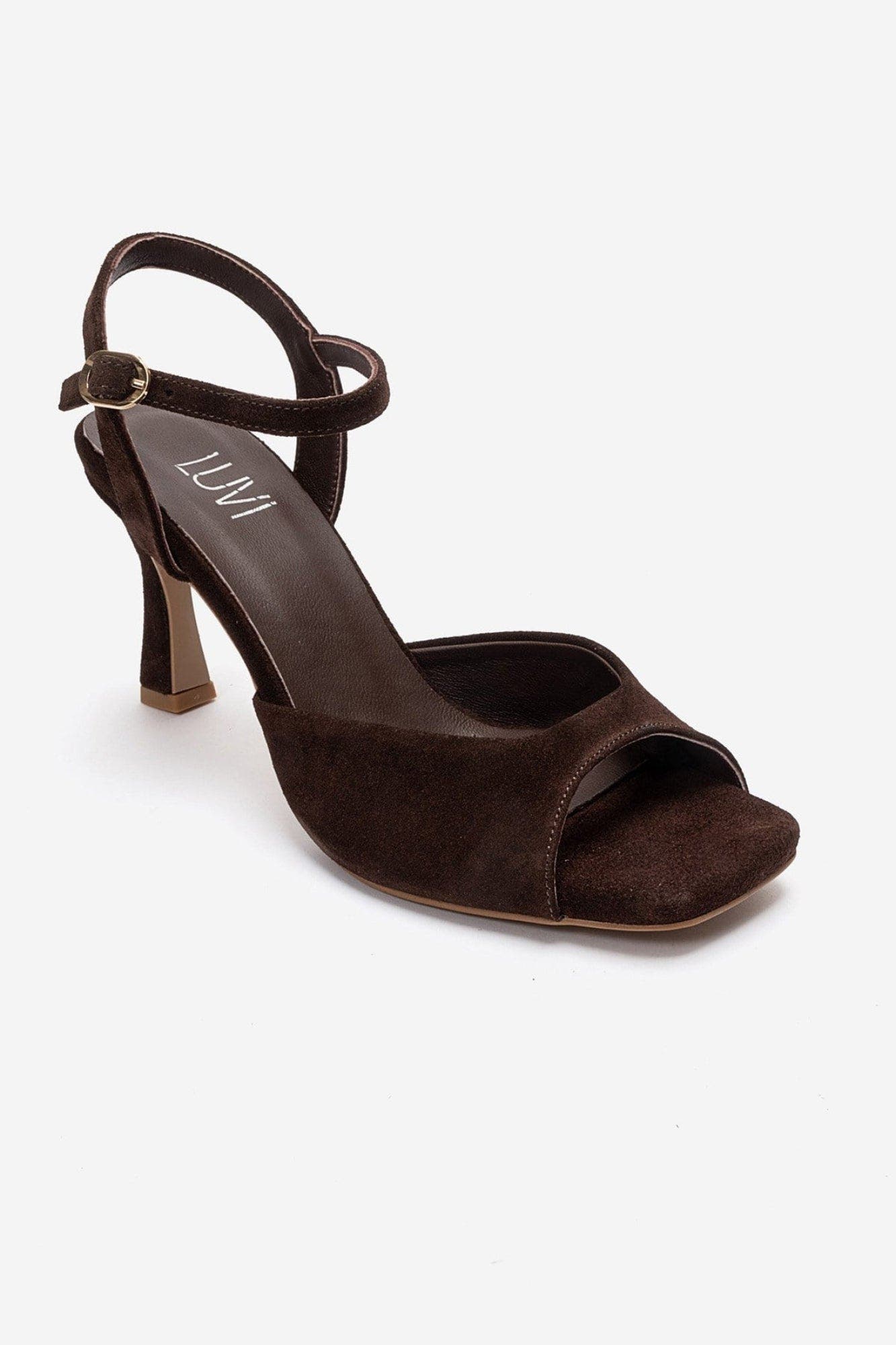 Elvia Leather Stiletto Ankle Strap Sandal, Alternate, color, Brown Suede