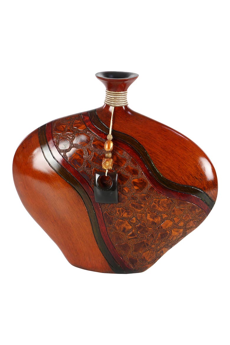 Brown Polystone Vase with Embossed Details, Alternate, color, BROWN