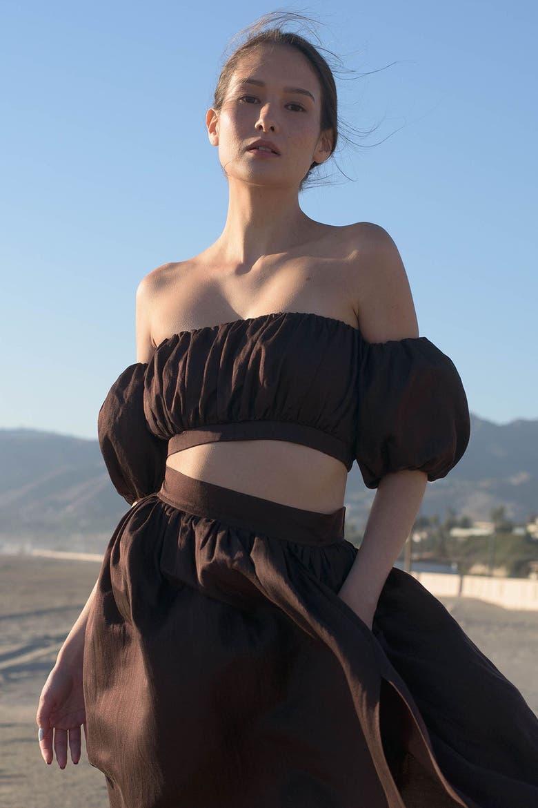 Isabelle Cotton Silk Off-Shoulder Crop Top, Alternate, color, Brown