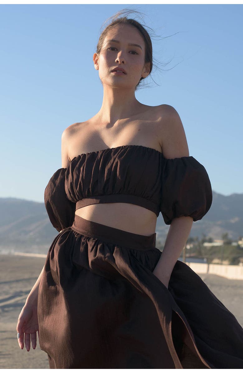 nuaje nuaje Isabelle Cotton Silk Off-Shoulder Crop Top, Alternate, color, Brown