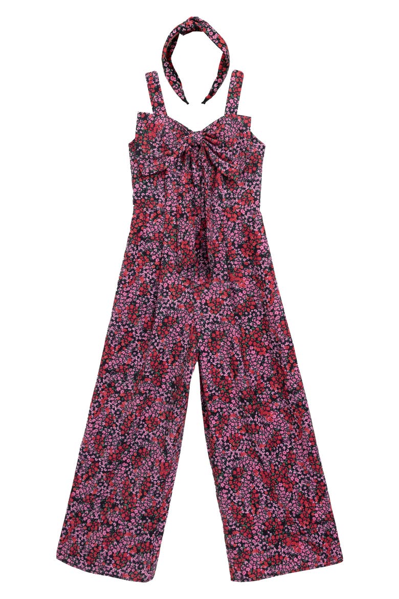Kids' Floral Bow Front Jumpsuit & Headband Set, Main, color, BLACK RED