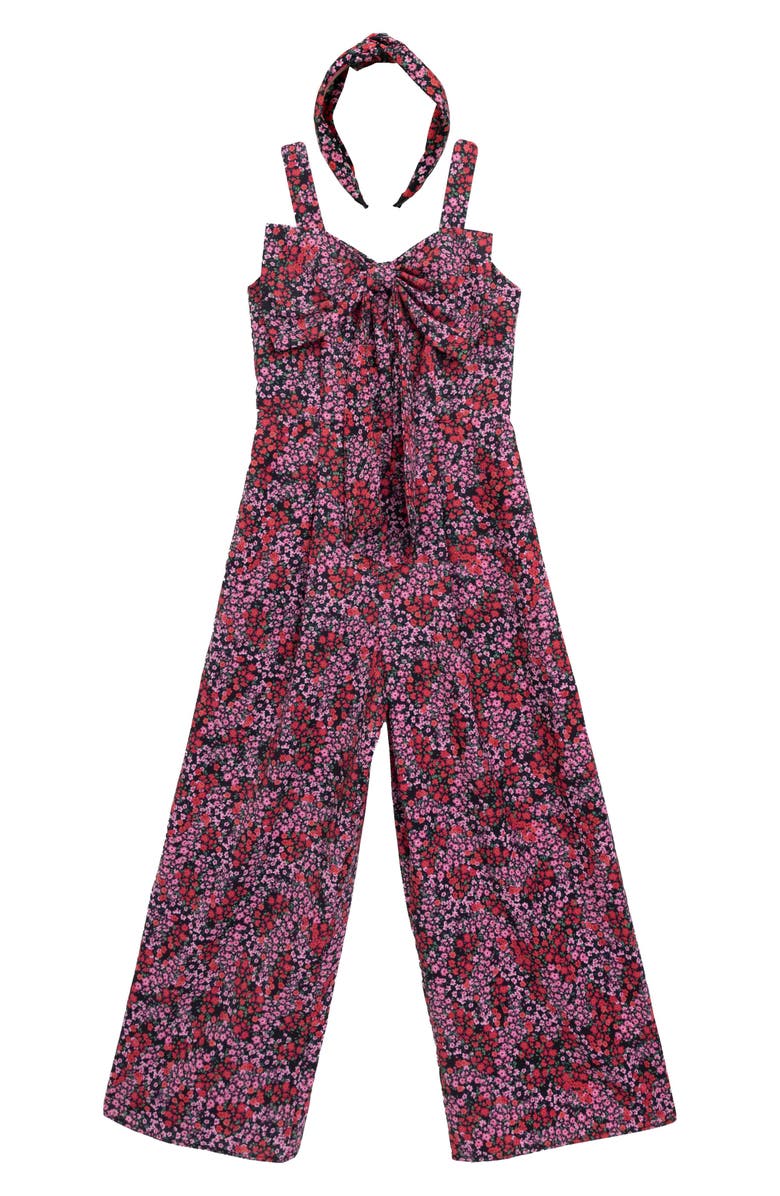 Speechless Kids' Floral Bow Front Jumpsuit & Headband Set, Main, color, Black Red