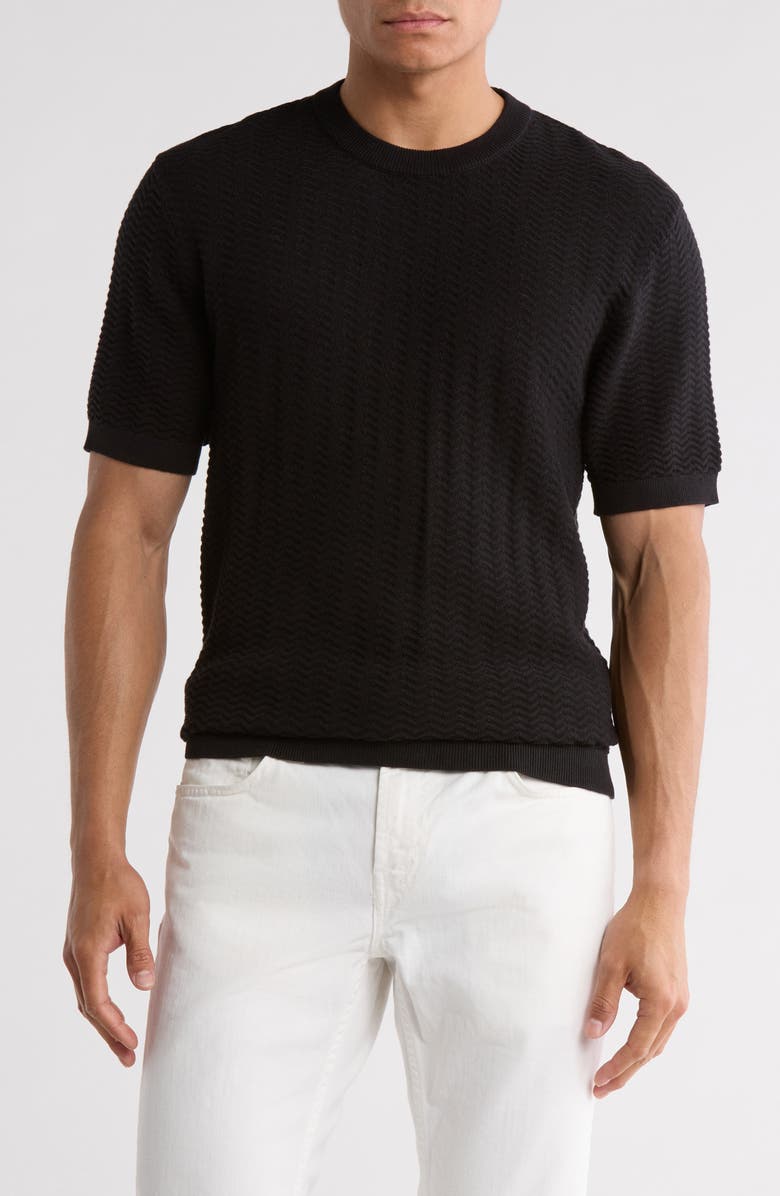 DENIM AND FLOWER Textured Short Sleeve Sweater, Main, color, Black