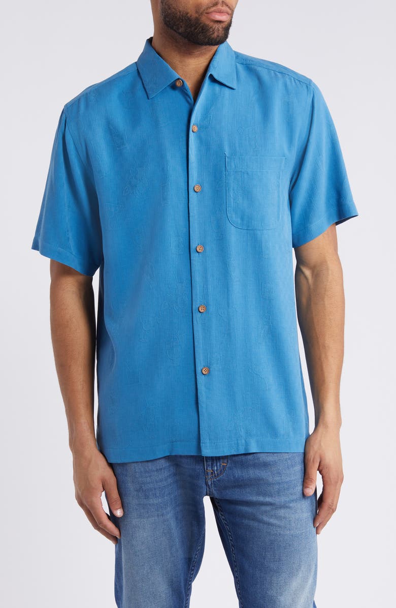 Tommy Bahama Whiskey Business Short Sleeve Silk Jacquard Button-Up Shirt, Main, color, 