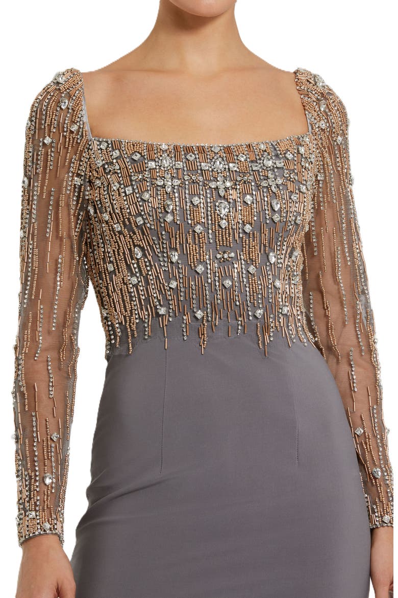 Beaded Square Neck Long Sleeve Jersey Gown, Alternate, color, Platinum Gold
