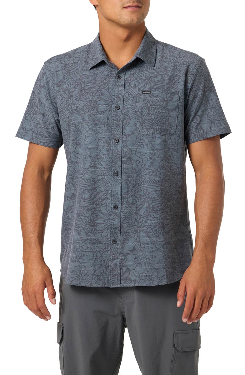 O'Neill UPF Slub Standard Short Sleeve Performance Button-Up Shirt, Main, color, Dark Shadow