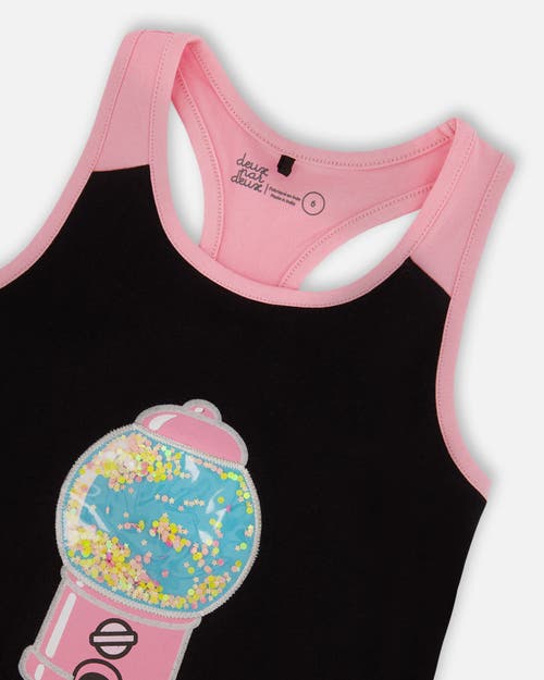 Deux Par Deux Little Girl's Organic Cotton Racerback Tank Top Black And Candy Machine In Black And Candy Machine