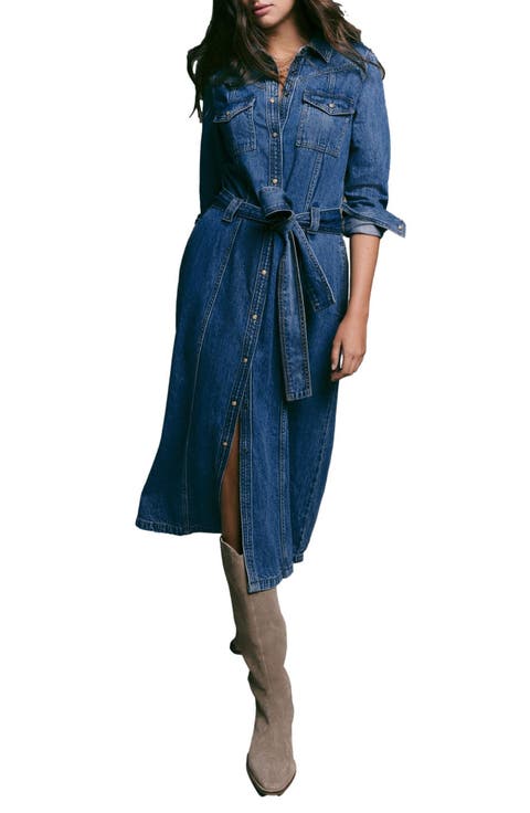 Western Tie Waist Denim Midi Dress
