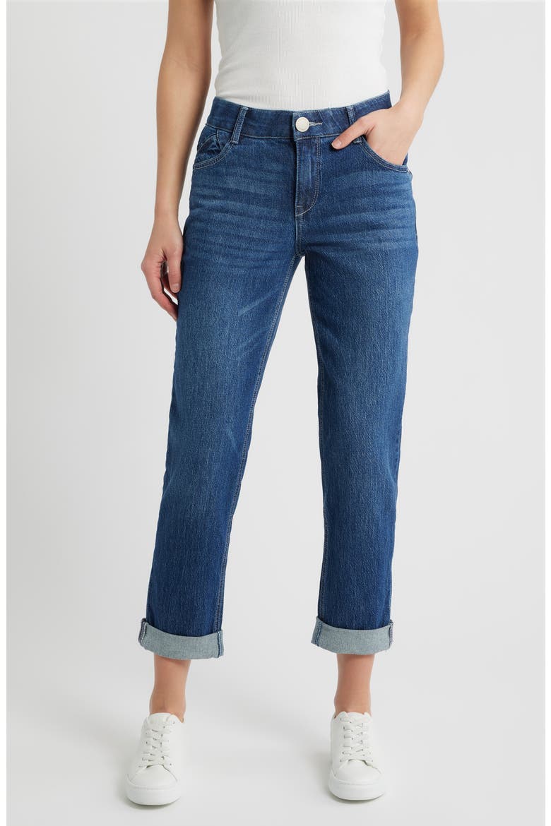 Gemma High Waist Girlfriend Jeans, Main, color, BLUE