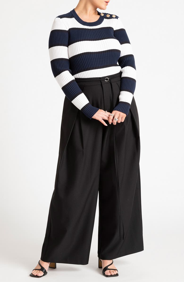 ELOQUII Button Shoulder Stripe Sweater, Alternate, color,