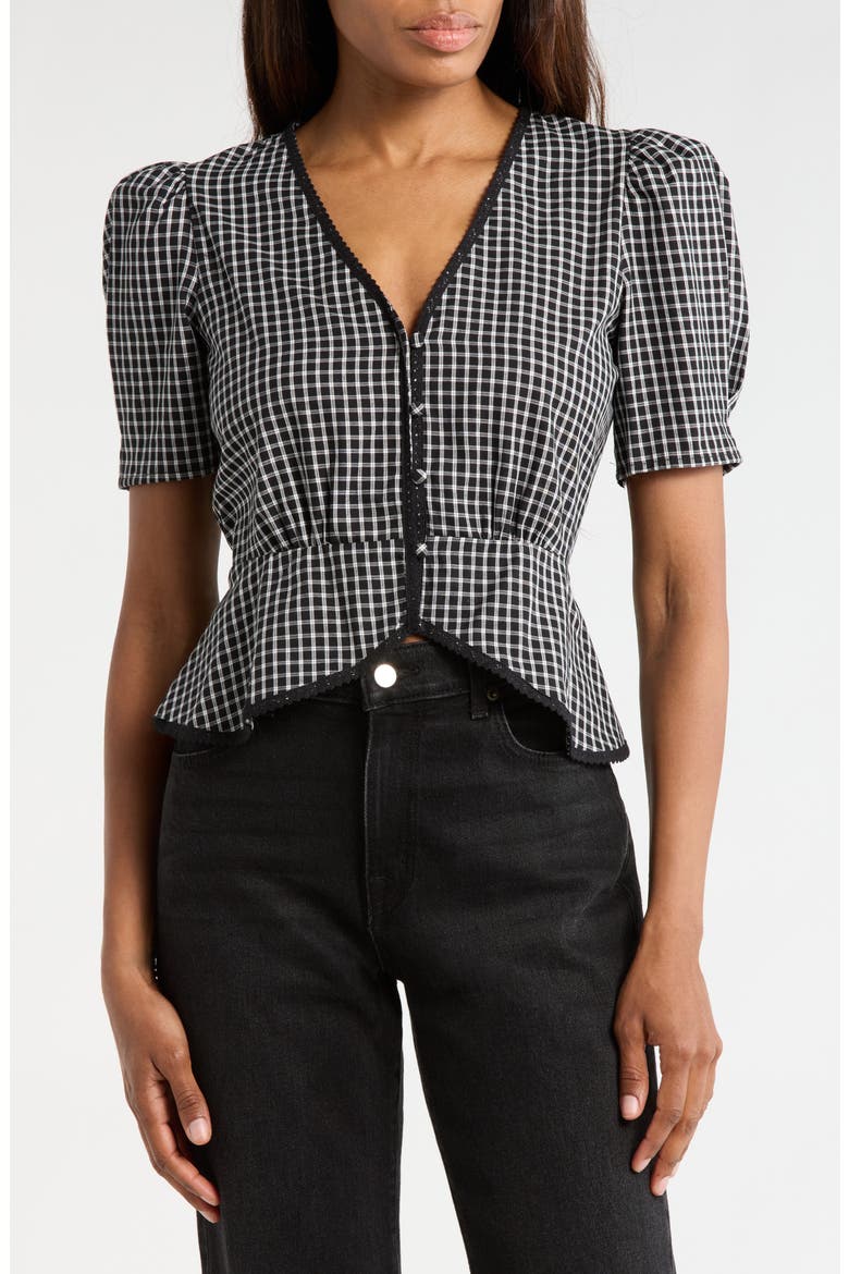 Stretch Cotton Peplum Top, Main, color, IVORY-BLACK GINGHAM