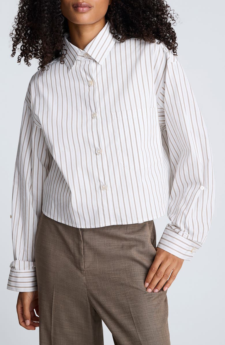 Kenneth Cole Stripe Crop Button-Up Shirt, Main, color, Wheat/ Bark Combo