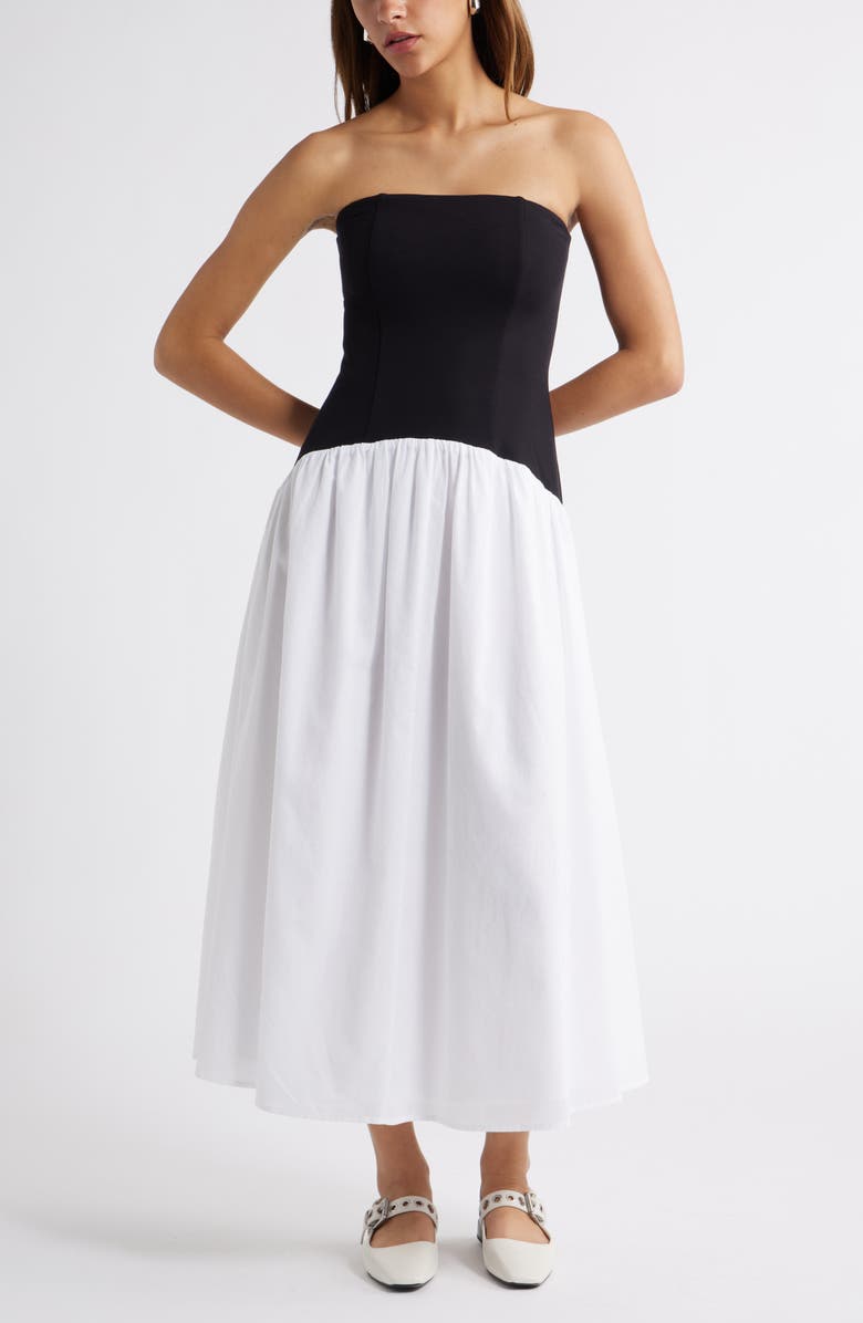 Open Edit Curved Waist Strapless Maxi Dress, Main, color, Black- White