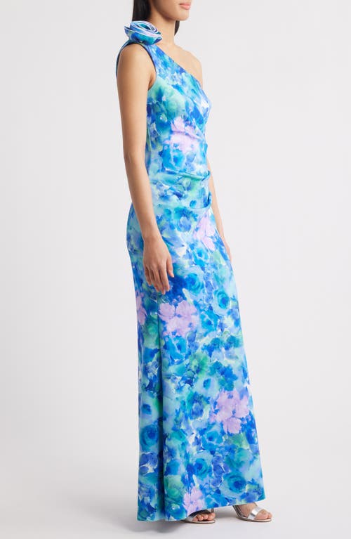 Eliza J Floral One-shoulder Evening Dress In Blue Multi