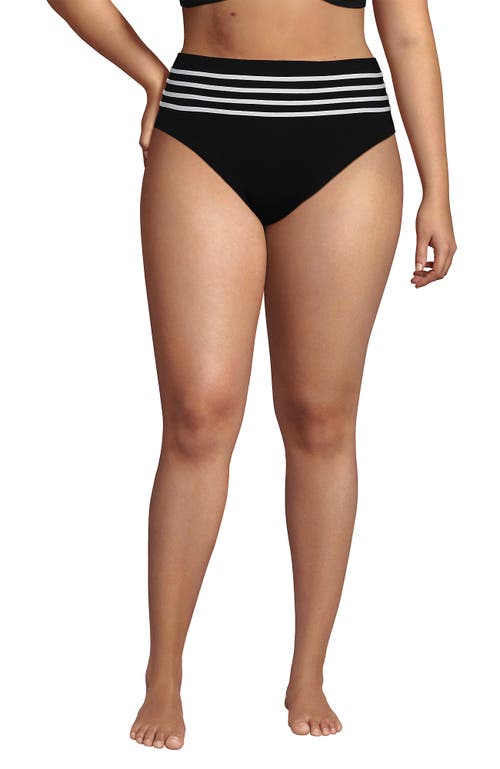 Lands' End Ribbed Smoothing High Waisted Bikini Bottoms In Black/white