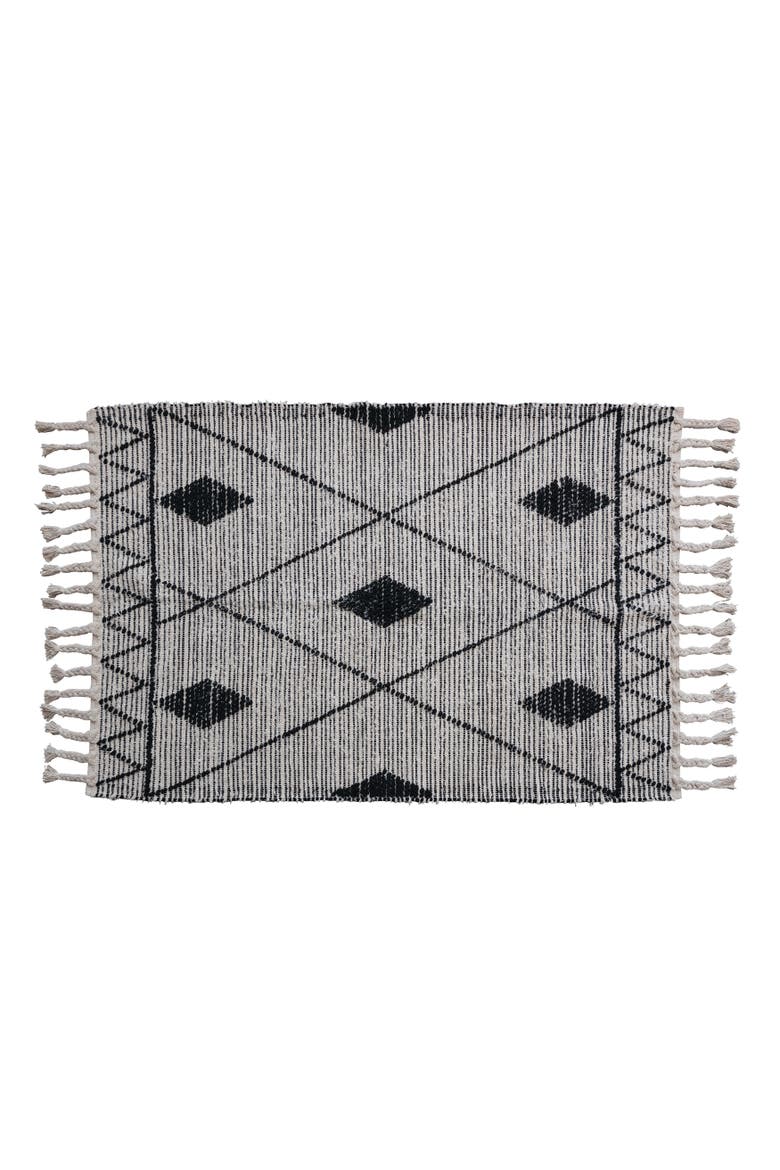 Scandinavian Handwoven Cotton Rug with Geometric Pattern and Fringe, Black and White, Main, color, Black