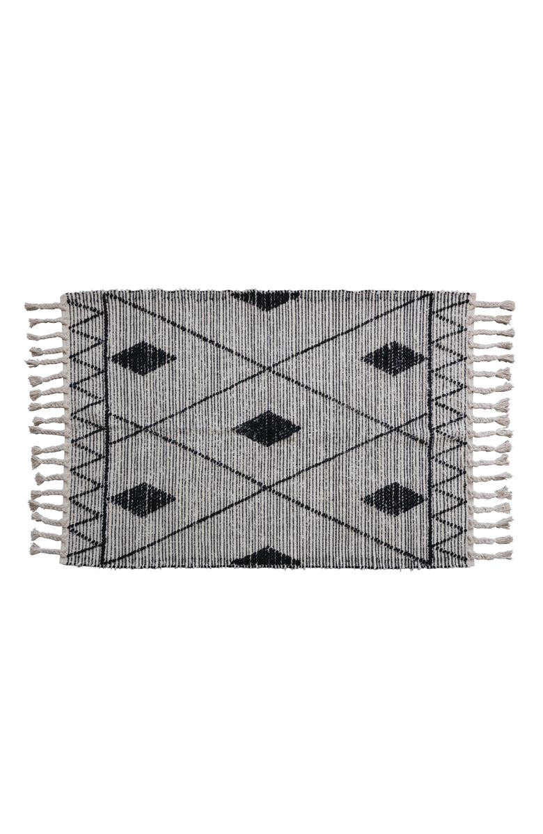 Storied Home Scandinavian Handwoven Cotton Rug with Geometric Pattern and Fringe, Black and White, Main, color, Black