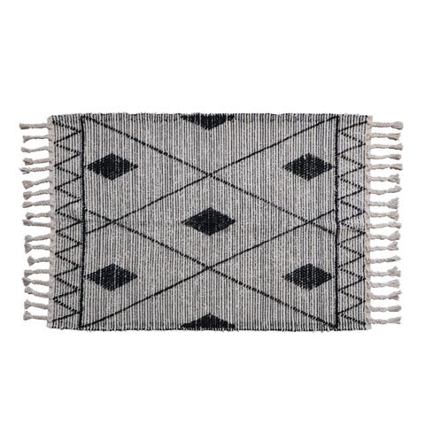Scandinavian Handwoven Cotton Rug with Geometric Pattern and Fringe, Black and White