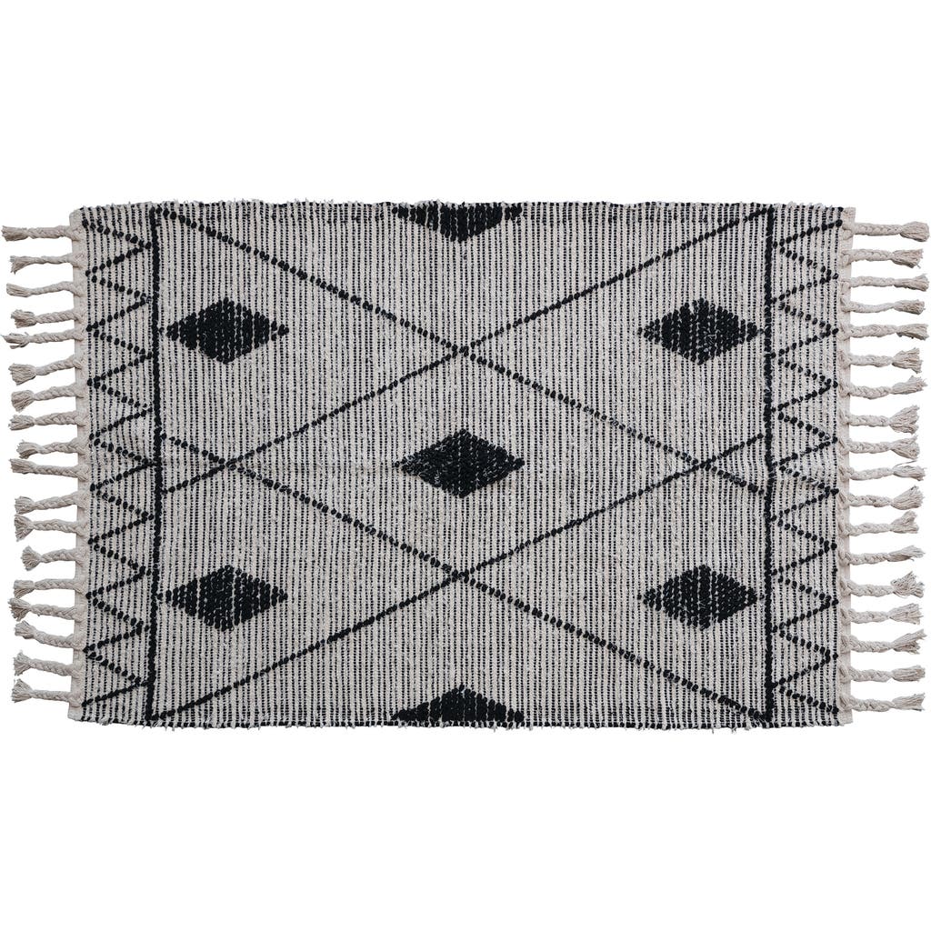 Storied Home Scandinavian Handwoven Cotton Rug With Geometric Pattern And Fringe, Black And White