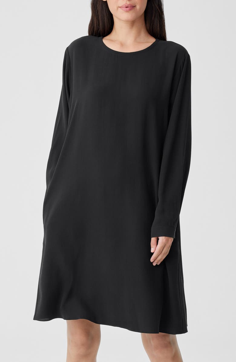 Eileen Fisher Crewneck Long Sleeve Silk Shift Dress, Alternate, color, 