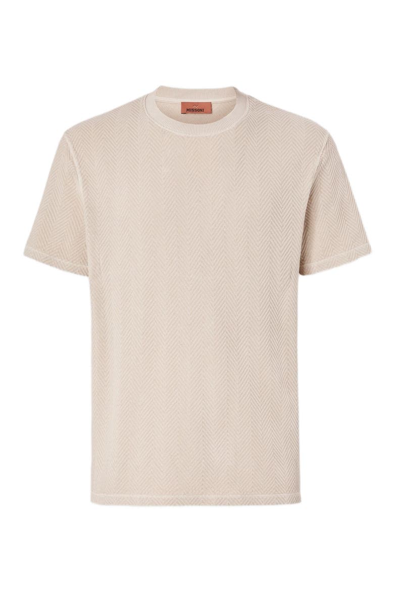 Crew-neck Cotton And Viscose T-shirt With Tone-on-tone Zigzag Motif, Alternate, color, Beige& White
