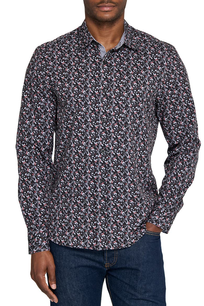 Berry Leaves Woven Long Sleeve Basic, Main, color, BLACK/RED