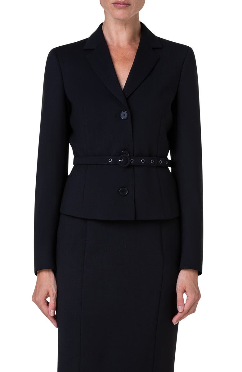 Akris punto Belted Stretch Wool Crepe Blazer, Main, color, Black