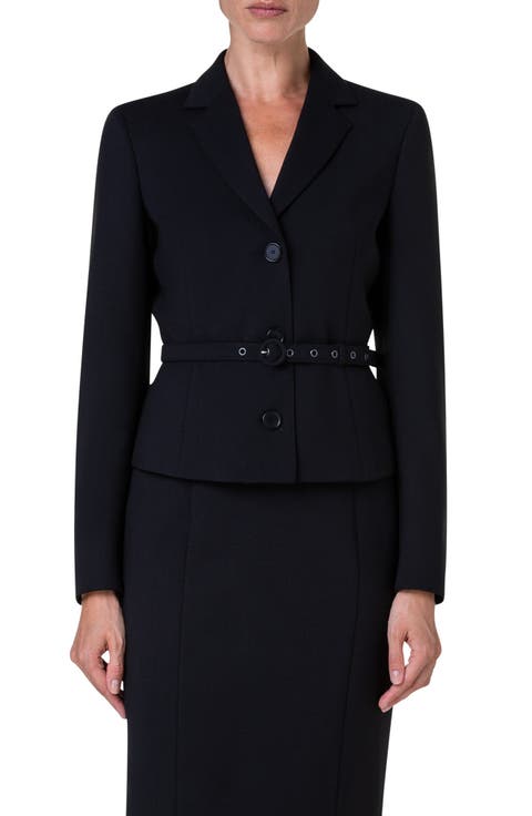 Belted Stretch Wool Crepe Blazer