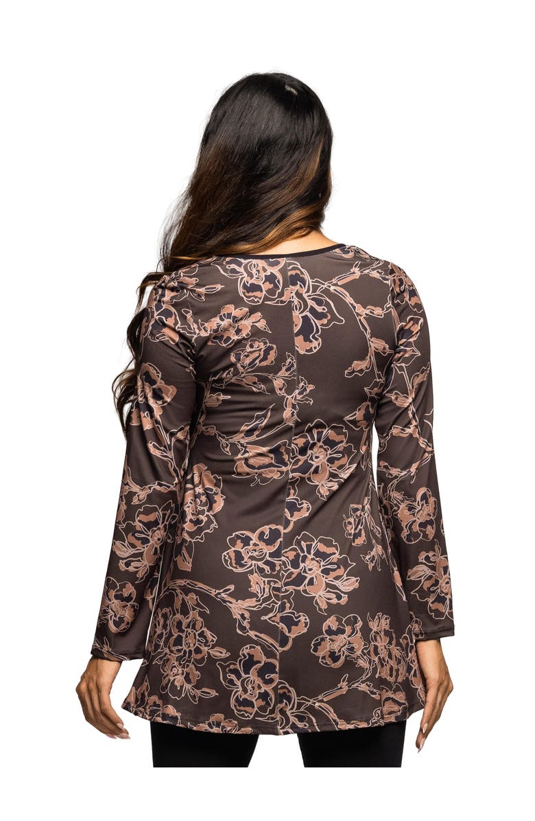 24seven Comfort Apparel Floral Print Long Sleeve Tunic Top, Alternate, color, Brown Multi