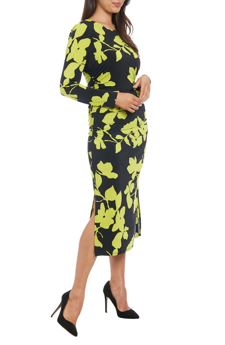London Times Floral Long Sleeve Side Ruched Jersey Midi Dress, Alternate, color,