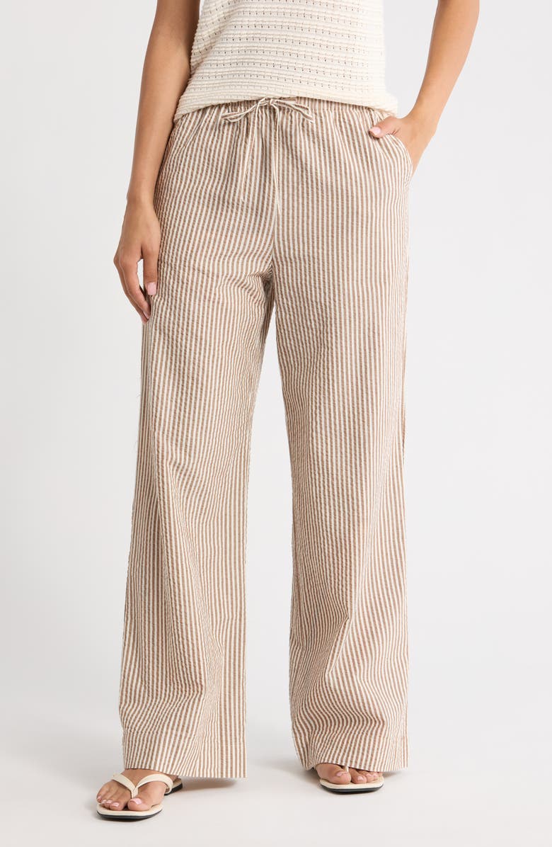 Marine Layer Josie Stripe Seersucker Drawstring Pants, Main, color, Mocha Stripe
