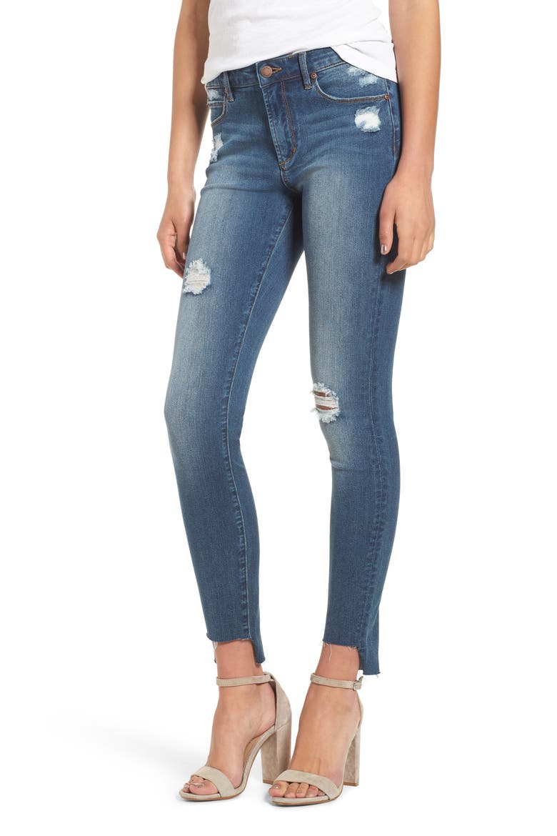 Ripped Step Hem Skinny Jeans, Main, color, MEDIUM WASH