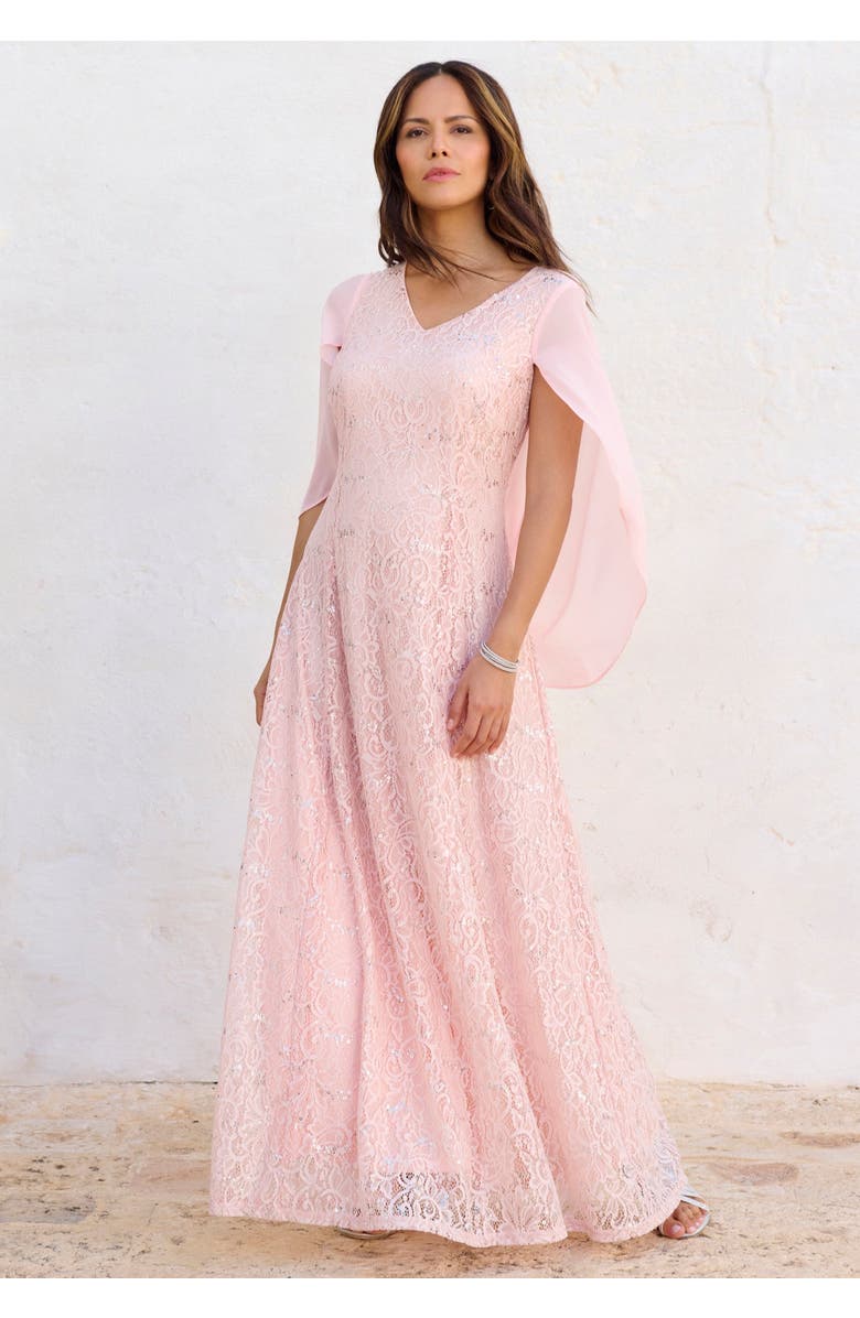 Roaman's Plus-Size Allover Lace Gown with Capelet, Alternate, color, Black