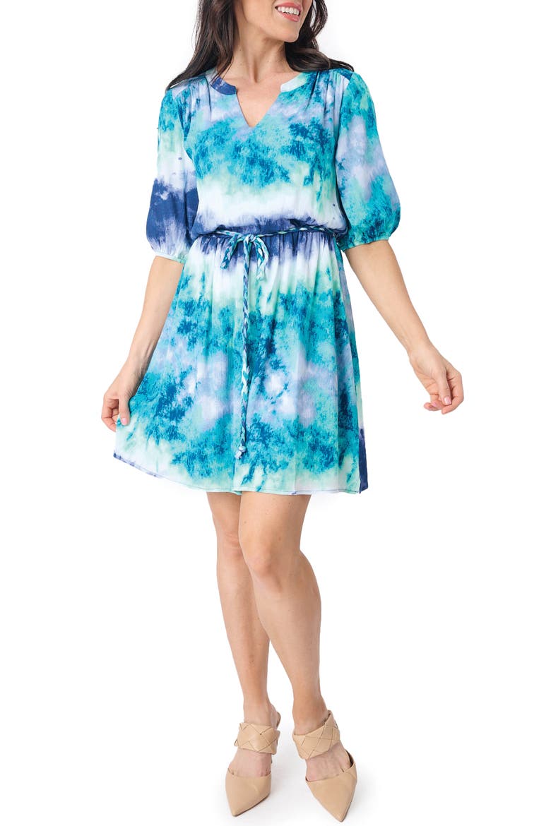 Belted Elbow Sleeve Dress, Main, color, WATERCOLOR LAKE PRT