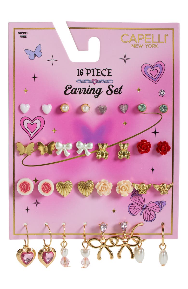 Capelli New York Kids' Assorted 16-Piece Earring Set, Main, color, Pink Combo